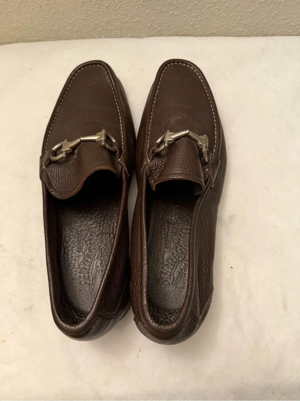 Salvatore Ferragamo Dark Brown Pebbled Leather Bit Loafers, pre-owned,SZ10.5